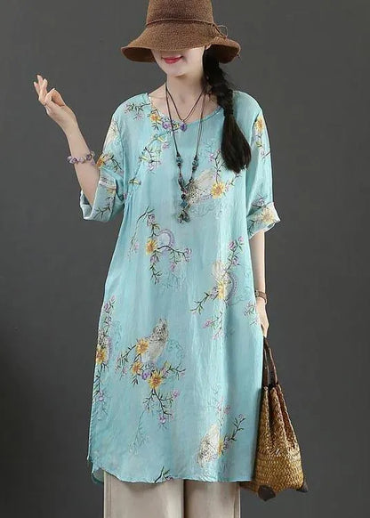 Boutique Blue Print Half Sleeve Long Linen Summer Tops