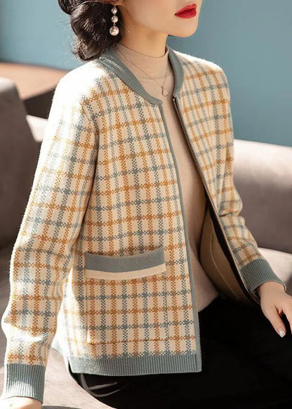 Blue O-neck Zip Up Pockets Plaid Knit Jackets Fall