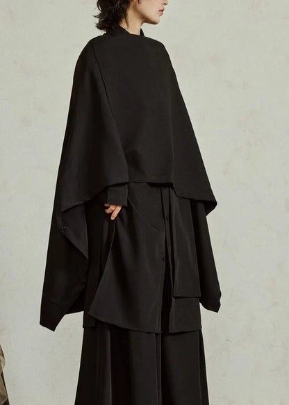 Chinese Style Black Peter Pan Collar Low High Design Shirt Batwing Sleeve