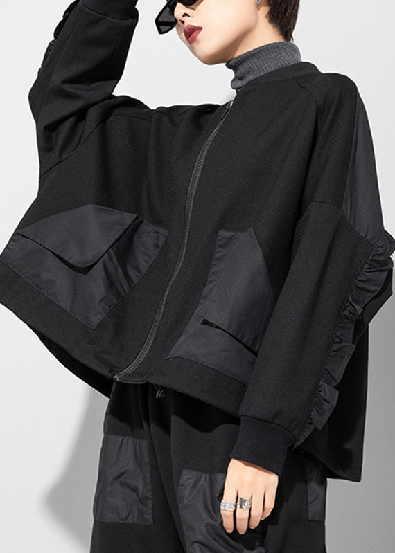 Black O-neck Zip Up Pockets Ruffles Patchwork Cotton Coats Long Sleeve