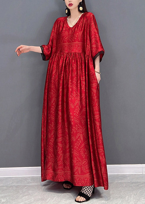 Red Chinese Style Silk Long Dress Wrinkled Short Sleeve Fall
