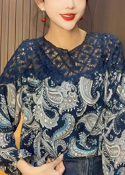 Blue O-neck Print Hollow Out Chiffon Shirt Fall