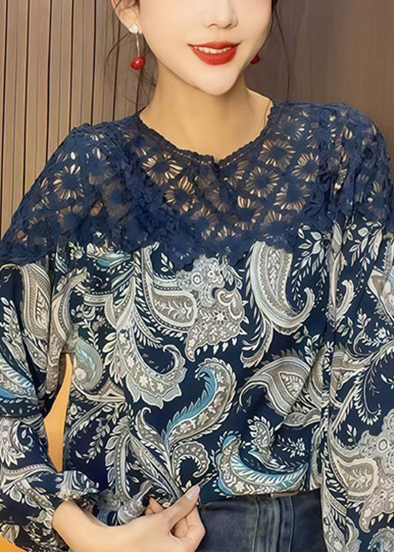 Blue O-neck Print Hollow Out Chiffon Shirt Fall