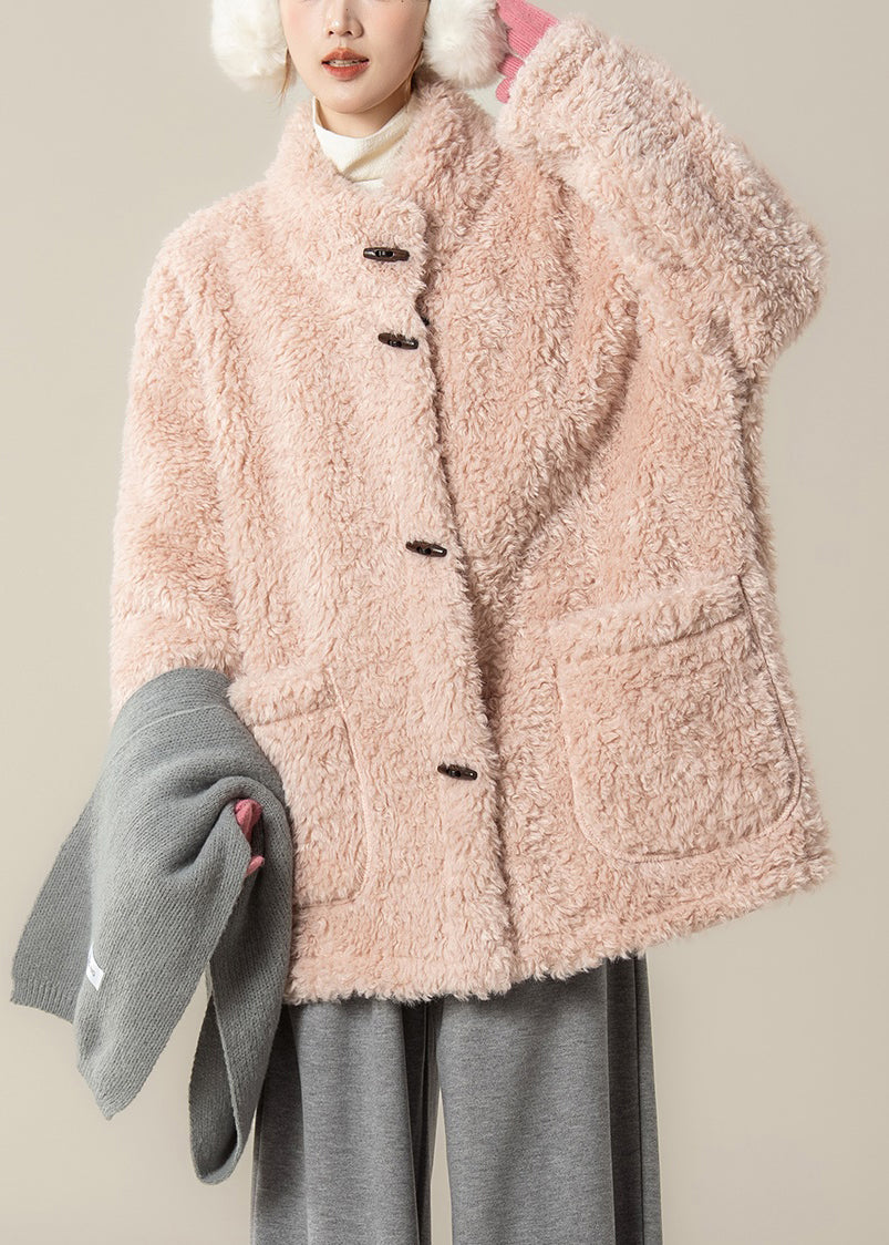 Pink Pockets Teddy Faux Fur Coat Stand Collar