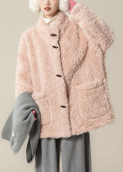Pink Pockets Teddy Faux Fur Coat Stand Collar
