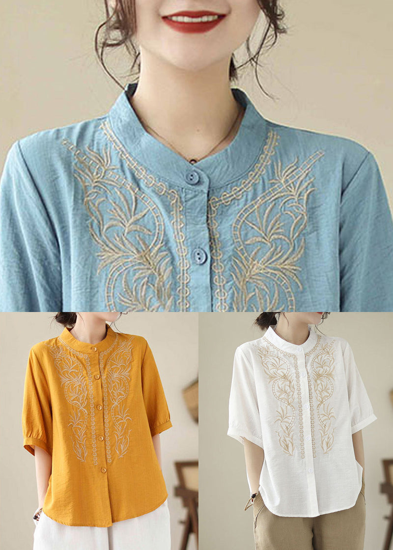 White Patchwork Cotton Blouses Stand Collar Summer