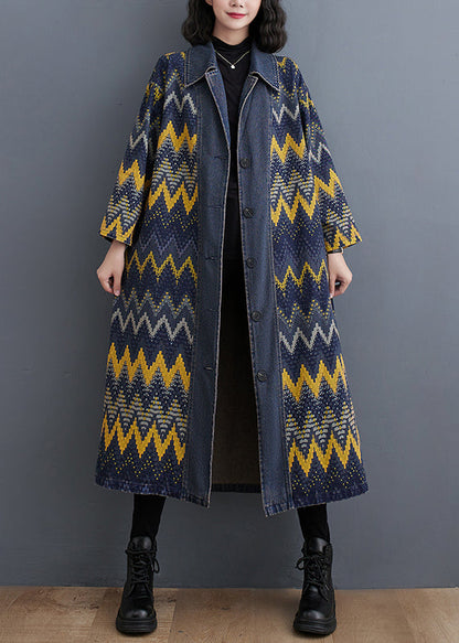 Blue Peter Pan Collar Print Button Denim Long Trench Coat Fall