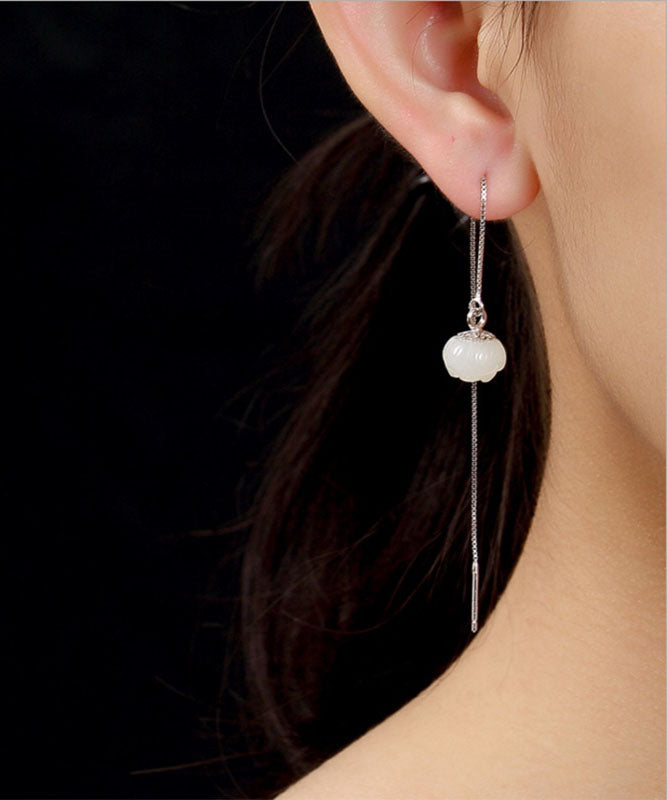 White Sterling Silver Inlaid Jade Lotus Drop Earrings