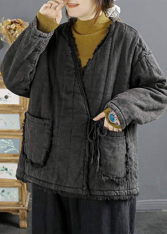 Mulberry V Neck Pockets Lace Up Fine Cotton Filled Jackets Fall
