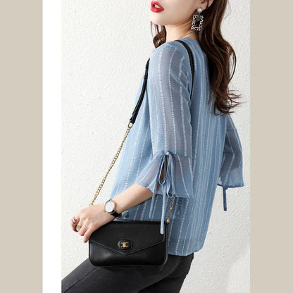 Sky Blue Sequins V Neck Jacquard Chiffon Shirt Half Sleeve