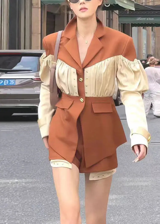 French Coffee Wrinkled Patchwork Coat and Shorts Two Pieces Spring