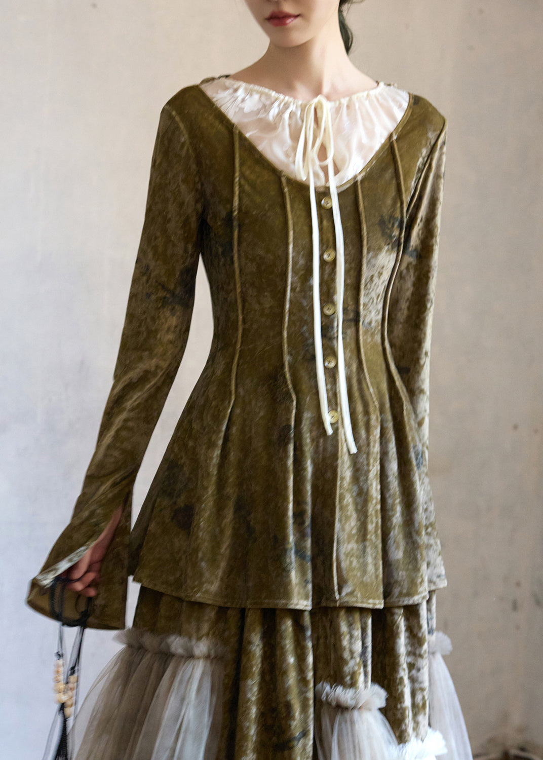 Art Green Lace Up Button Patchwork Silk Velour Top Spring