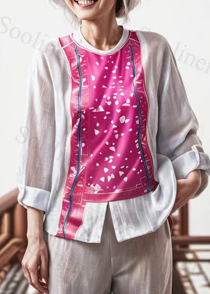 Rose Patchwork Print Fake Two Pieces Tops Long Sleeve