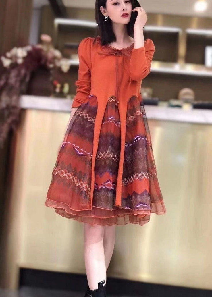 Classy Orange Knit Patchwork Tulle Embroideried Fall Long Sleeve Dress
