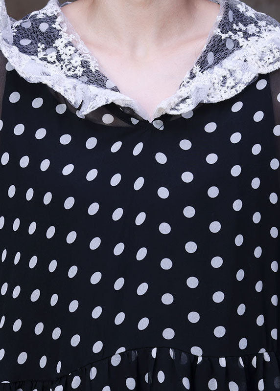 Simple Black Hooded Patchwork Lace Dot Print Silk Long Dress Two Piece Set Clothing Summer