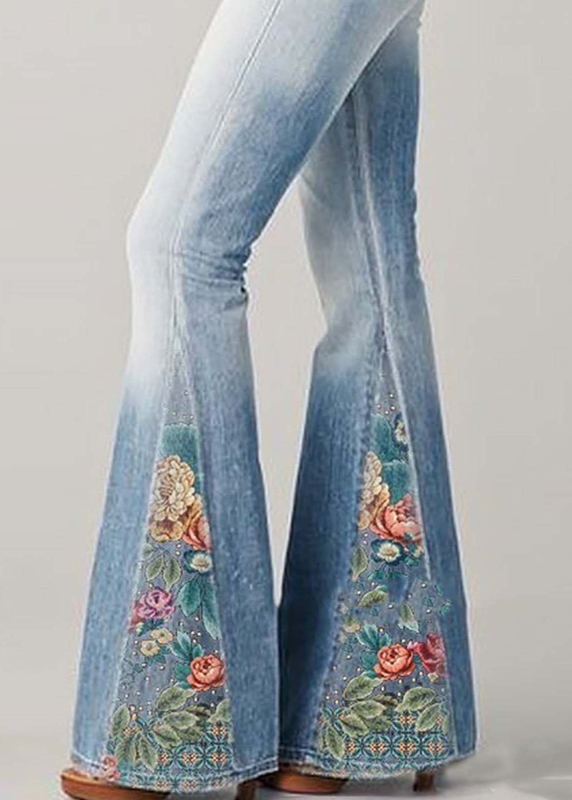 Blue High Waist Patchwork Print Denim Flare Bottoms Summer