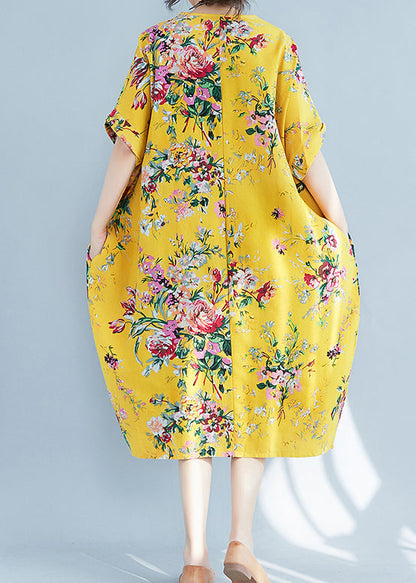 Yellow O-neck Print Cotton Holiday Dress Summer