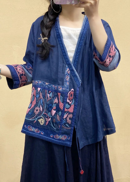 Italian Rose Embroideried Tie Waist Linen Shirts Spring