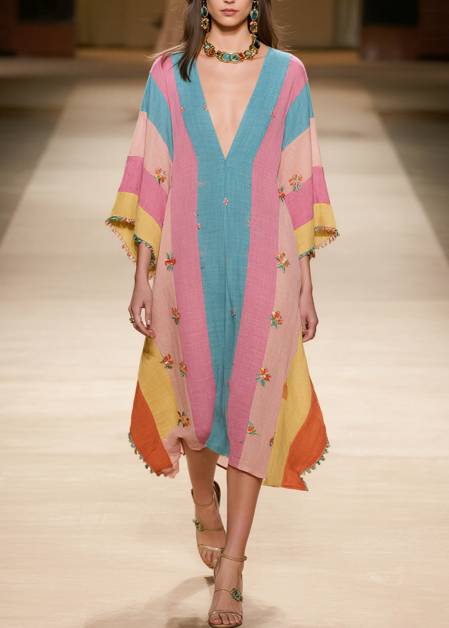 Colorblock V Neck Print Cotton Dress Summer