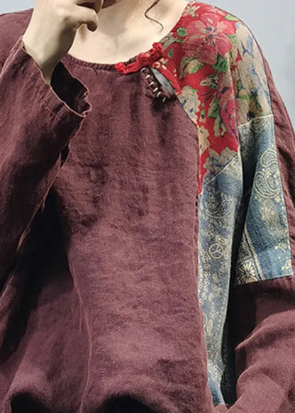 Fine Mulberry Side Open Patchwork Linen Blouses Long Sleeve