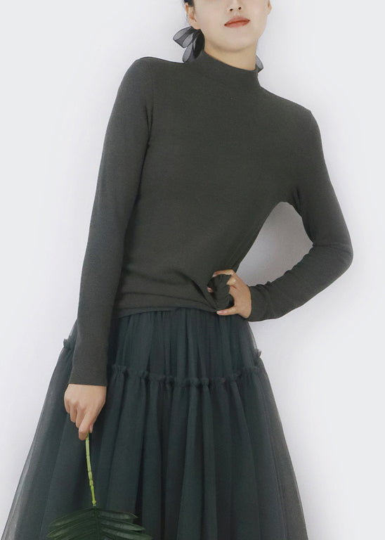 Simple Smoke Grey Turtleneck Thick T Shirts Spring