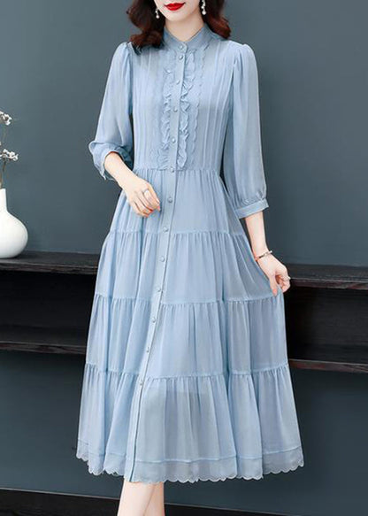 Blue Stand Collar Wrinkled Button Patchwork Silk Dress Fall