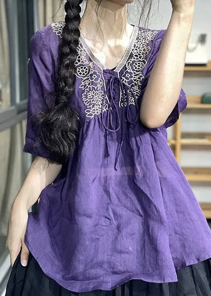 Green Embroideried Patchwork Lace Up Linen Top Short Sleeve