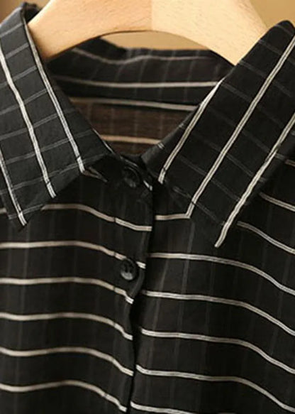 Black Peter Pan Collar Striped Pockets Drawstring Blouse Top Short Sleeve