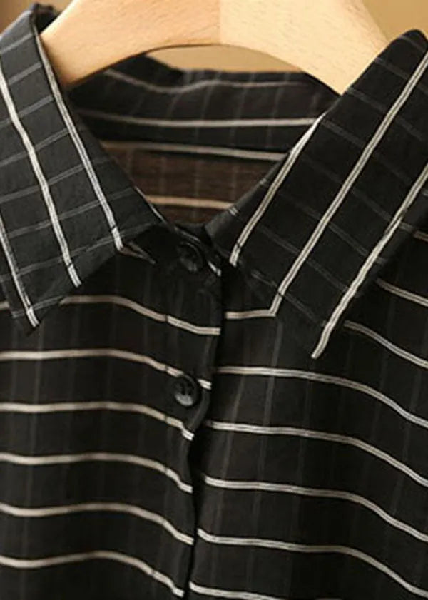 Black Peter Pan Collar Striped Pockets Drawstring Blouse Top Short Sleeve