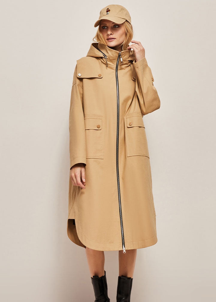 Khaki Hooded Zippered Cotton Cocoon Coats Spring