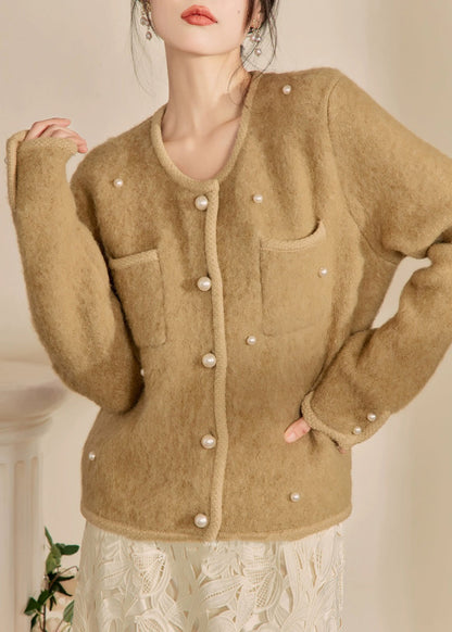 Yellow O Neck Pockets Button Woolen Coat Fall