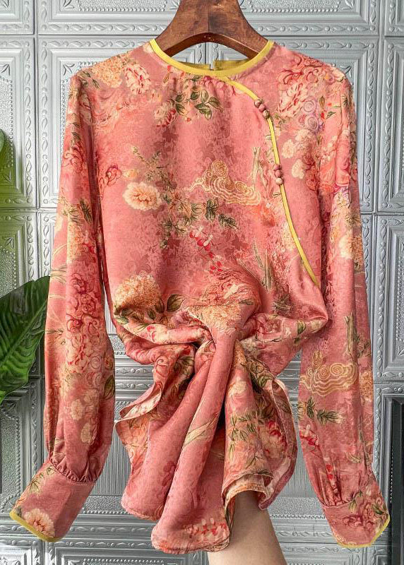 Chinese Style Print O-neck Patchwork Silk Tops Fall