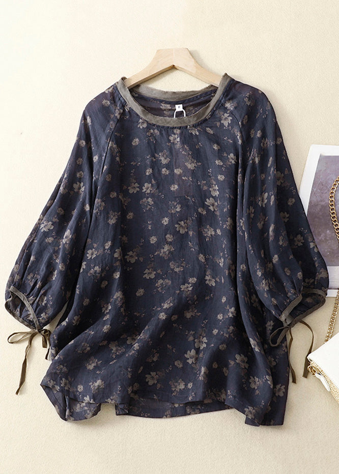 Navy O Neck Lace Up Print Linen Tops Bracelet Sleeve