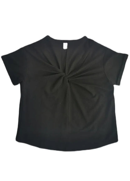 Organic Black O-neck Bow Cotton Tops Short Sleeve