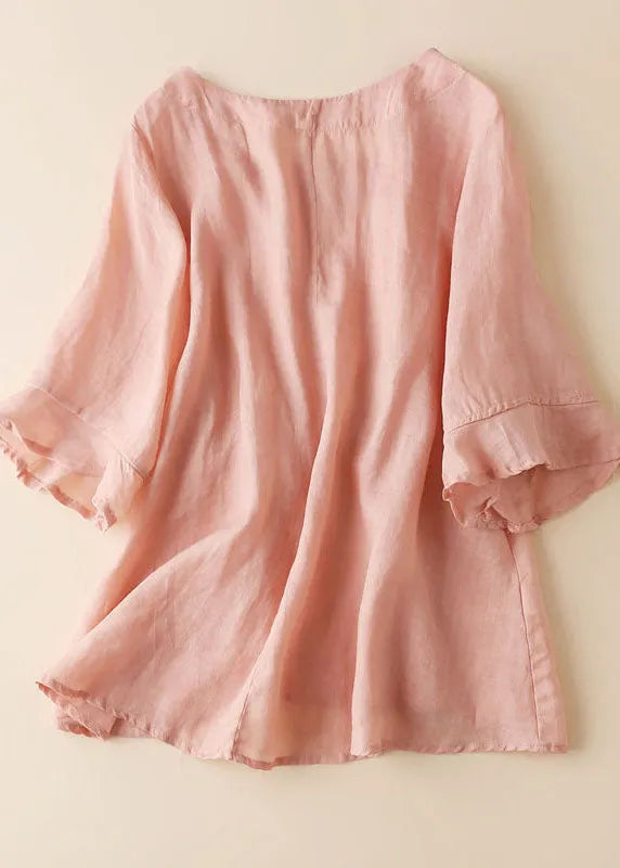 Pink Cinched Patchwork Linen Blouse Tops Half Sleeve