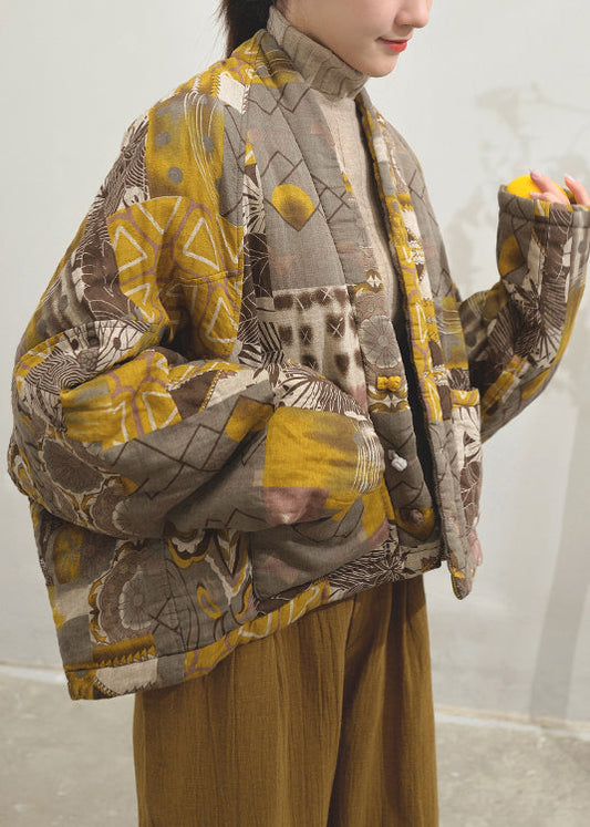 Yellow Print Pockets Patchwork Fine Cotton Filled Jackets Batwing Sleeve