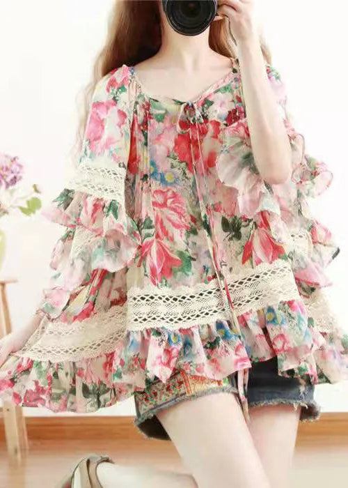 Diy Print Lace Chiffon Blouses Flare Sleeve