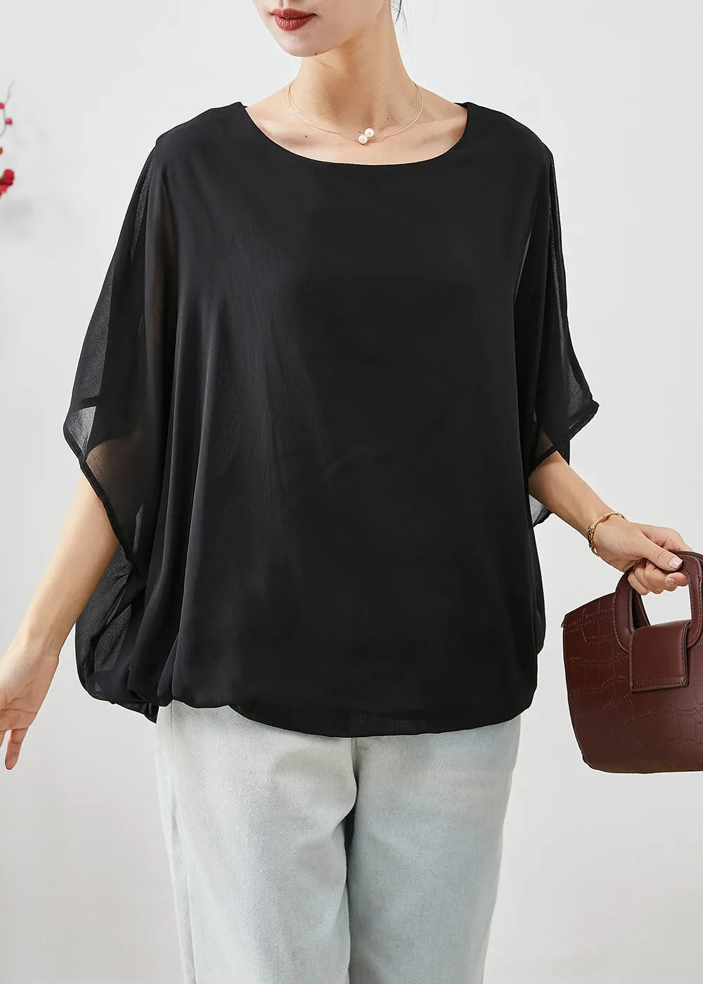 Stylish Black O-neck Oversized Chiffon Tanks Summer