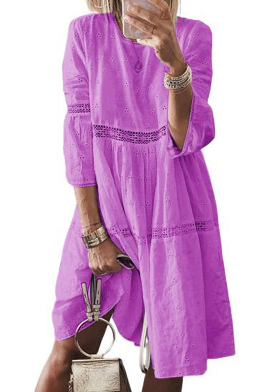 Yellow O-neck Hollow Out Cotton Long Dresses Bracelet Sleeve Summer