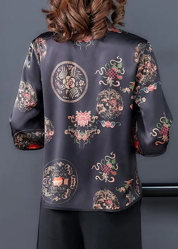 Black Mandarin Collar Button Print Silk Shirt Tops Half Sleeve