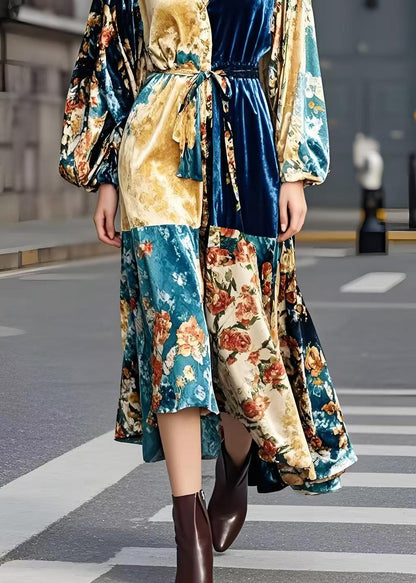 French Colorblock Tie Waist Patchwork Silk Velour Vacation Dresses Spring