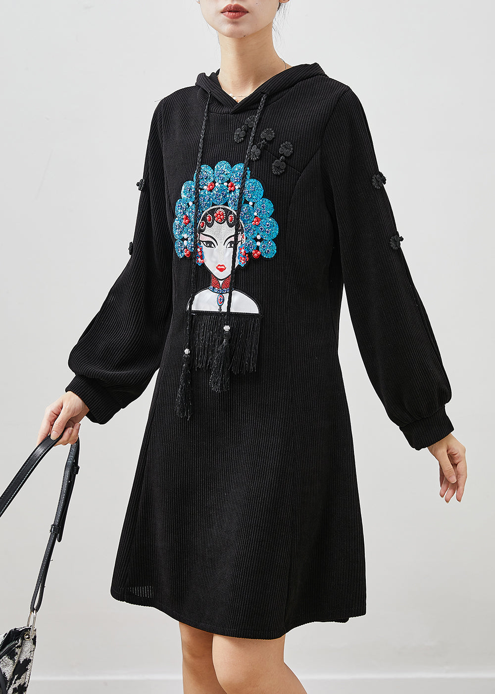 Black Embroideried Chinese Button Corduroy Dress Spring