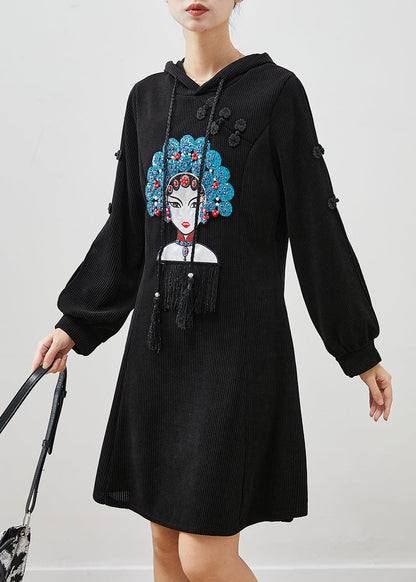 Black Embroideried Chinese Button Corduroy Dress Spring