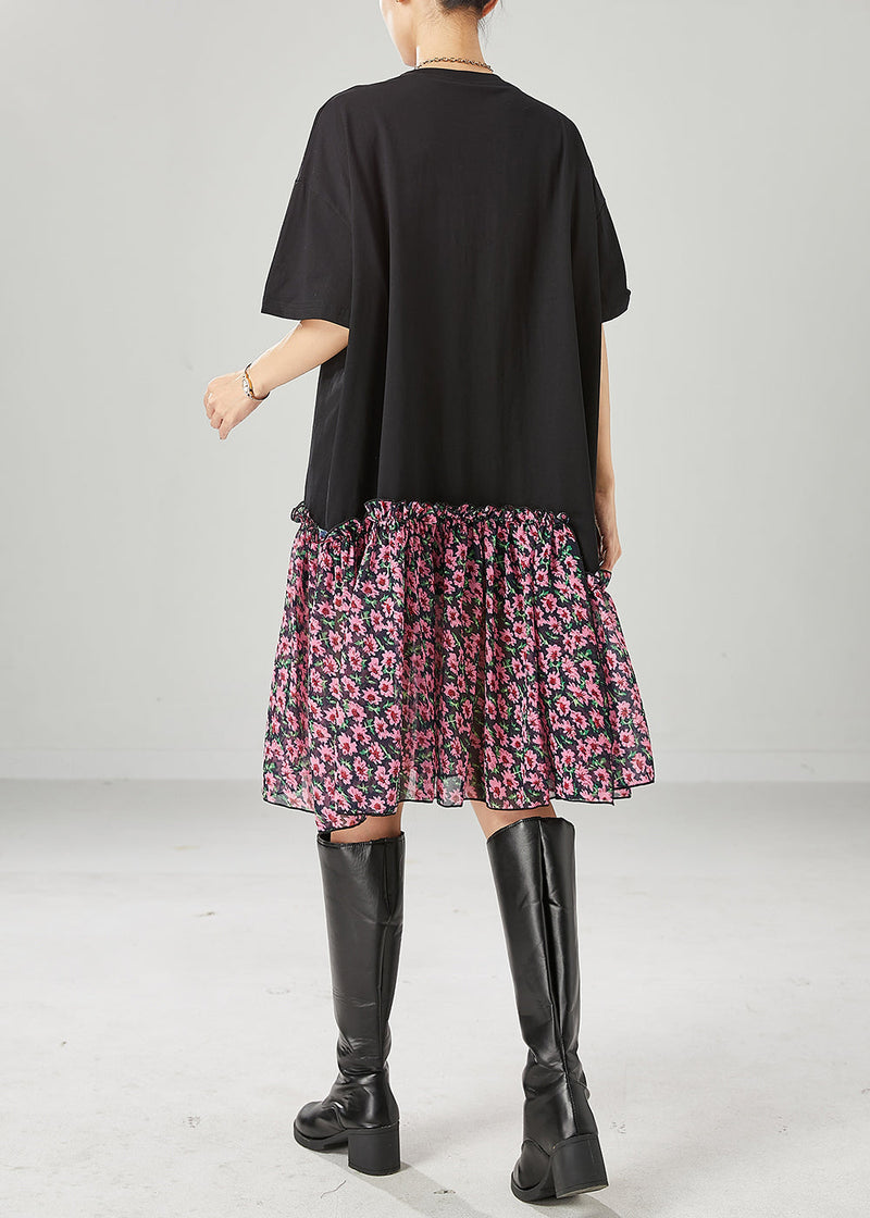 Black Ruffled Patchwork Letter Print Cotton Robe Dresses Summer