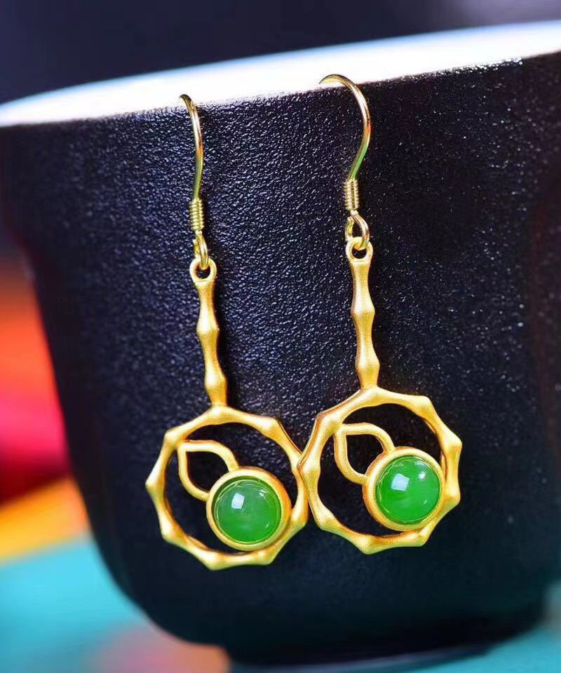 Green Sterling Silver Overgild Jade Gourd Drop Earrings