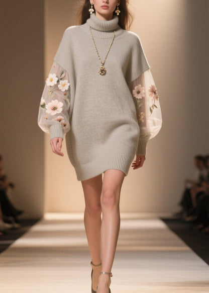 Hign Neck Tulle Patchwork Knit Sweater Dress Winter