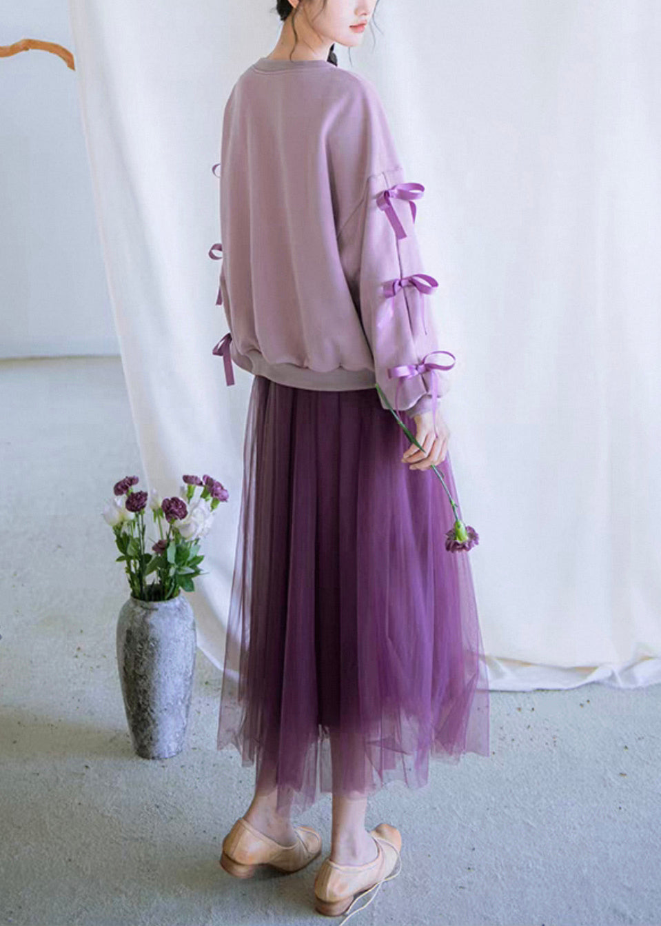 Loose Purple Bow Cotton Sweatshirt and Tulle Dress Two Pieces Set Fall