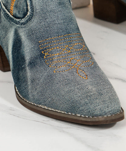 French Pointed Toe Fabric Boots Cowboy Boots Embossed Blue