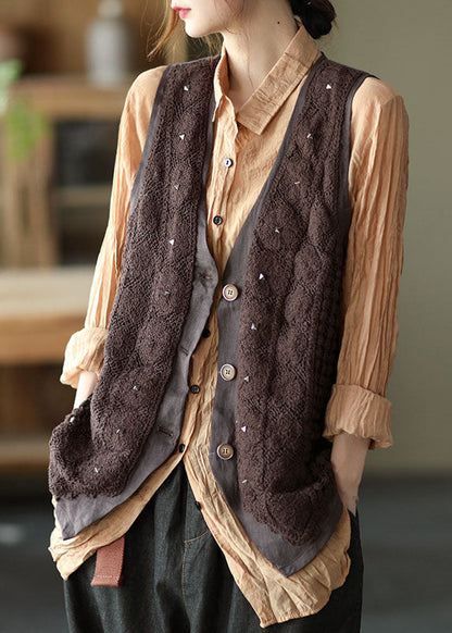 Stylish Chocolate Patchwork Button Rivet Fall Sleeveless Vest