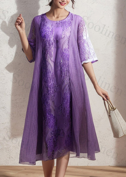Italian Purple O Neck Print Patchwork Silk Dresses Summer